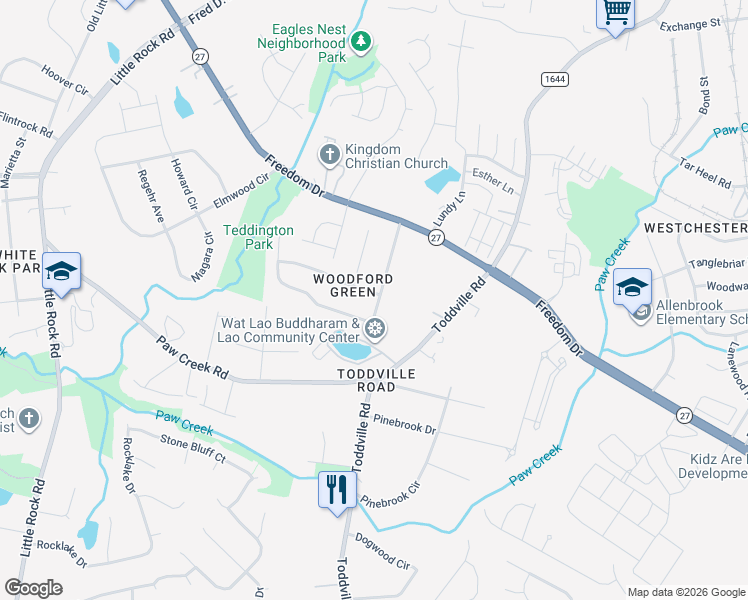 map of restaurants, bars, coffee shops, grocery stores, and more near 1734 Teddington Drive in Charlotte
