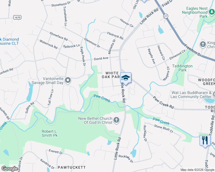 map of restaurants, bars, coffee shops, grocery stores, and more near 1201 Ashford Street in Charlotte