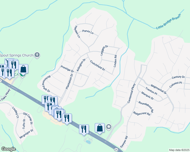 map of restaurants, bars, coffee shops, grocery stores, and more near 36 Petticoat Way in Cameron