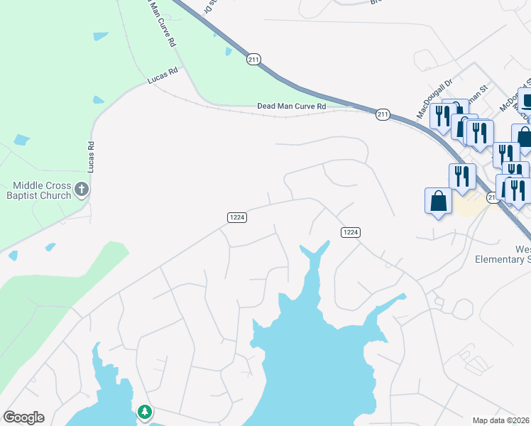 map of restaurants, bars, coffee shops, grocery stores, and more near 100 Phillips Drive in Seven Lakes