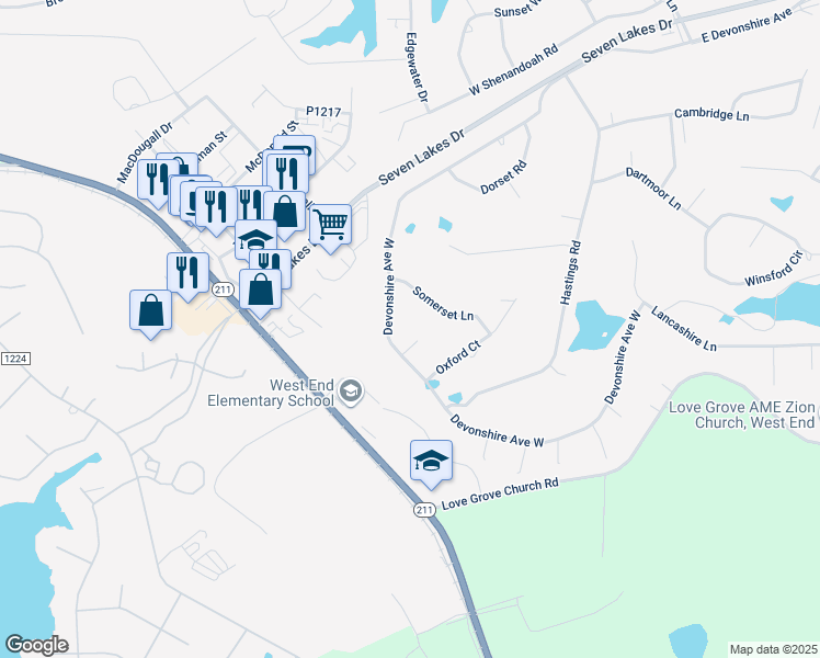 map of restaurants, bars, coffee shops, grocery stores, and more near 101 Hampton Place in Pinehurst