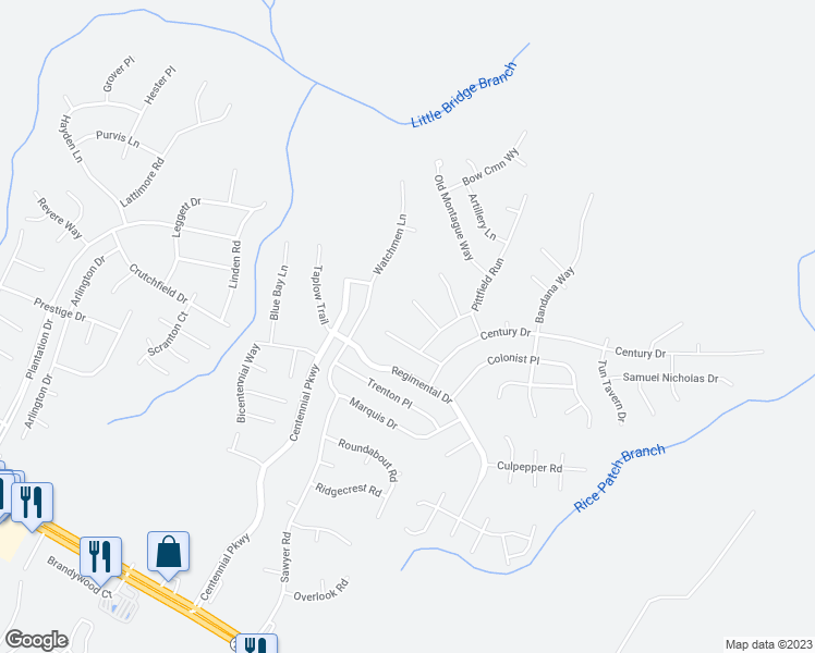 map of restaurants, bars, coffee shops, grocery stores, and more near 134 Declaration Drive in Cameron