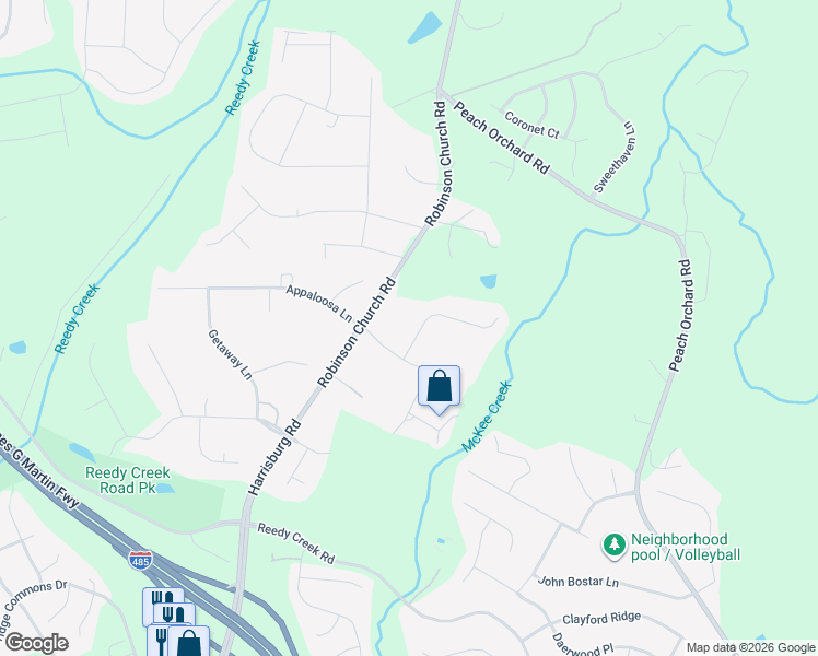 map of restaurants, bars, coffee shops, grocery stores, and more near 4450 Appaloosa Lane in Charlotte