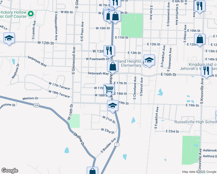 map of restaurants, bars, coffee shops, grocery stores, and more near 103 West 17th Street in Russellville