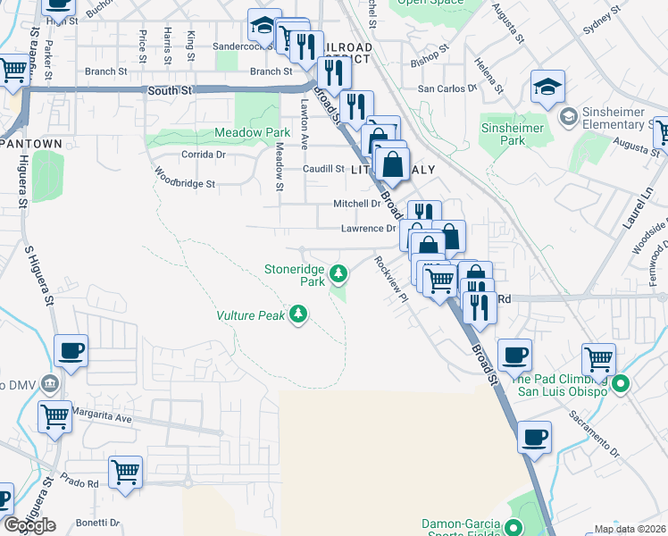 map of restaurants, bars, coffee shops, grocery stores, and more near 533 Mason Way in San Luis Obispo