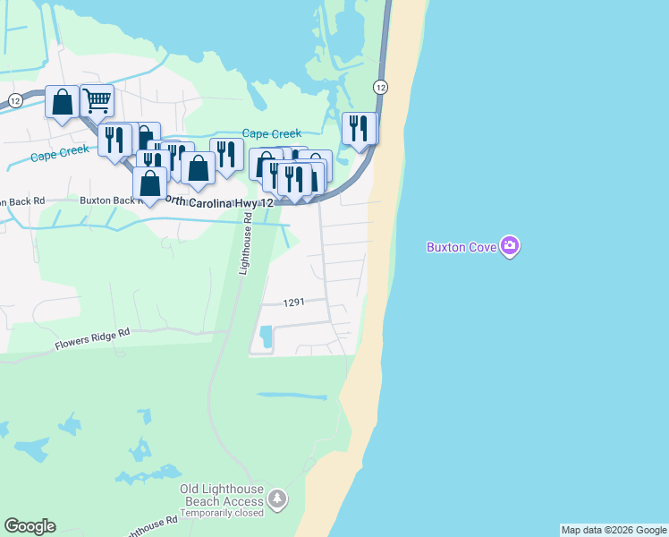 map of restaurants, bars, coffee shops, grocery stores, and more near 46051 South Tower Circle in Buxton