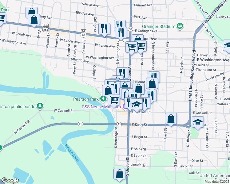 map of restaurants, bars, coffee shops, grocery stores, and more near 300 North Herritage Street in Kinston