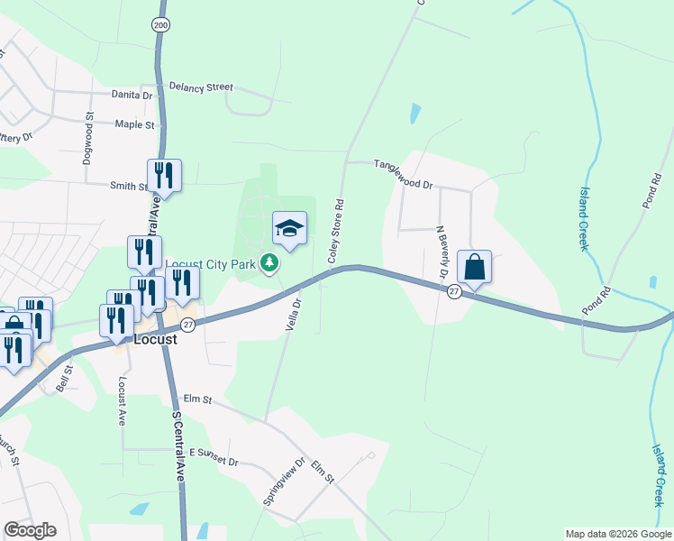 map of restaurants, bars, coffee shops, grocery stores, and more near 1040 East Main Street in Albemarle