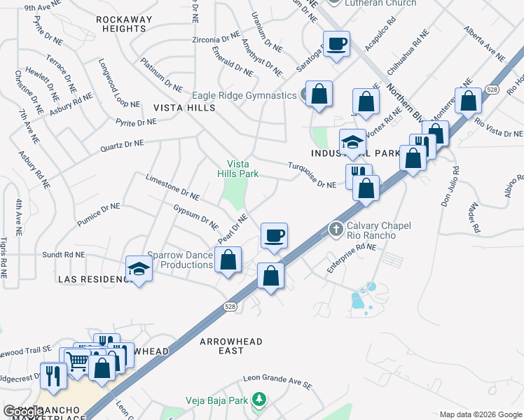 map of restaurants, bars, coffee shops, grocery stores, and more near 4901 Rockaway Boulevard Northeast in Rio Rancho
