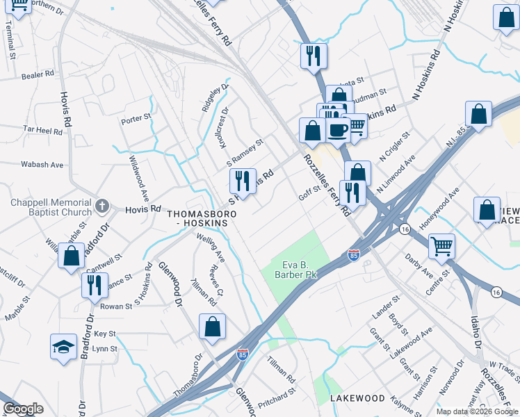 map of restaurants, bars, coffee shops, grocery stores, and more near 300 South Goff Street in Charlotte