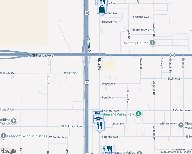 map of restaurants, bars, coffee shops, grocery stores, and more near 5203 River Road in Amarillo
