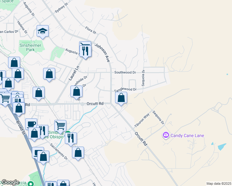 map of restaurants, bars, coffee shops, grocery stores, and more near 3698 Orcutt Road in San Luis Obispo