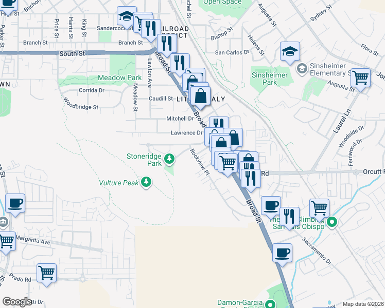 map of restaurants, bars, coffee shops, grocery stores, and more near 540 Perkins Lane in San Luis Obispo