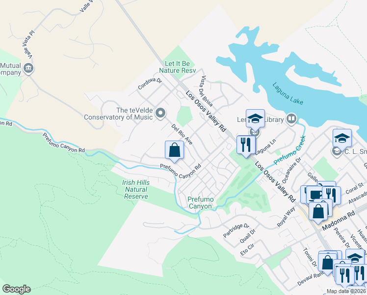 map of restaurants, bars, coffee shops, grocery stores, and more near 1750 Prefumo Canyon Road in San Luis Obispo