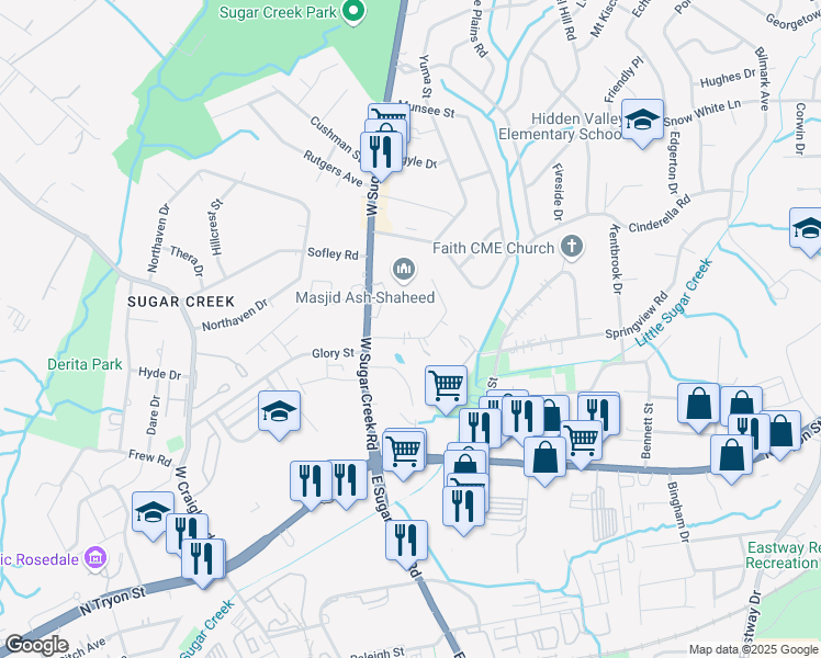 map of restaurants, bars, coffee shops, grocery stores, and more near 4400 Rolling Hill Drive in Charlotte