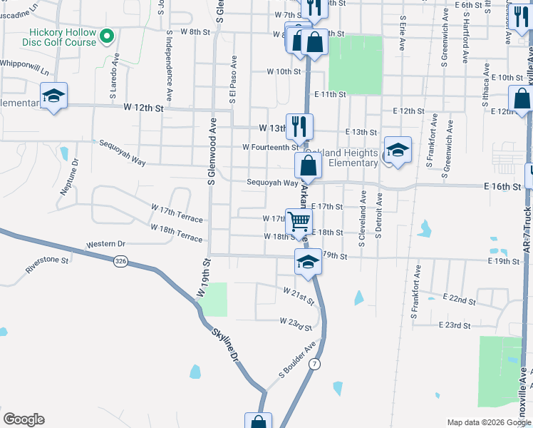 map of restaurants, bars, coffee shops, grocery stores, and more near 1701 South Commerce Avenue in Russellville