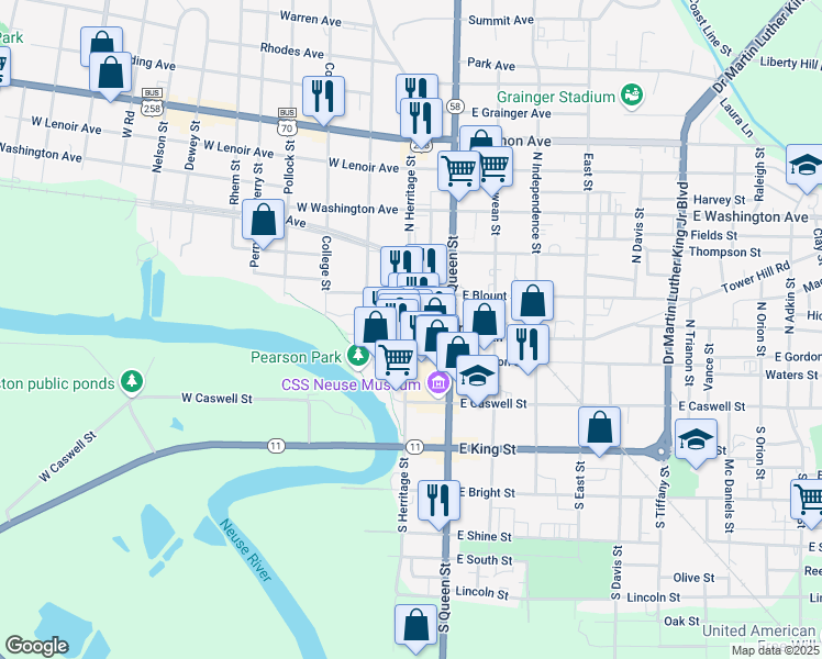 map of restaurants, bars, coffee shops, grocery stores, and more near North Heritage Street in Kinston