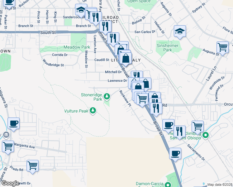 map of restaurants, bars, coffee shops, grocery stores, and more near 585 Bluerock Drive in San Luis Obispo