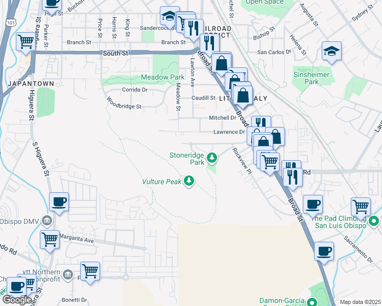 map of restaurants, bars, coffee shops, grocery stores, and more near 489 Bluerock Drive in San Luis Obispo
