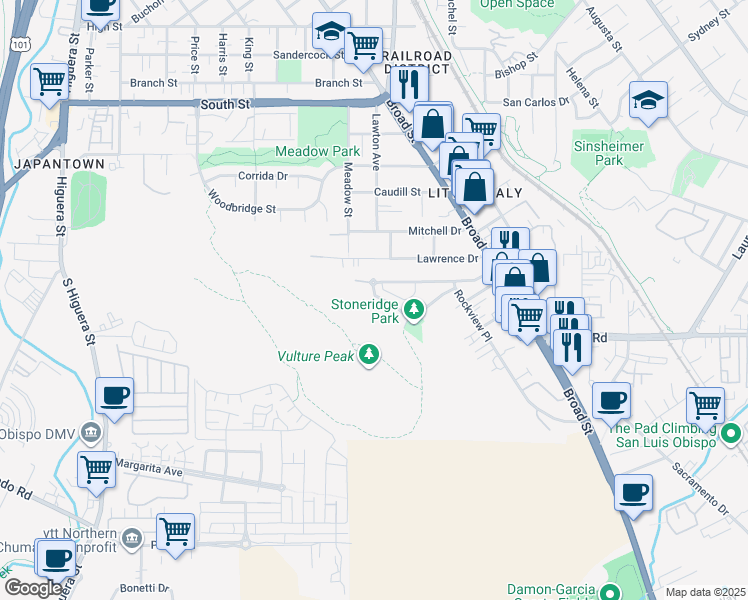 map of restaurants, bars, coffee shops, grocery stores, and more near 489 Bluerock Drive in San Luis Obispo