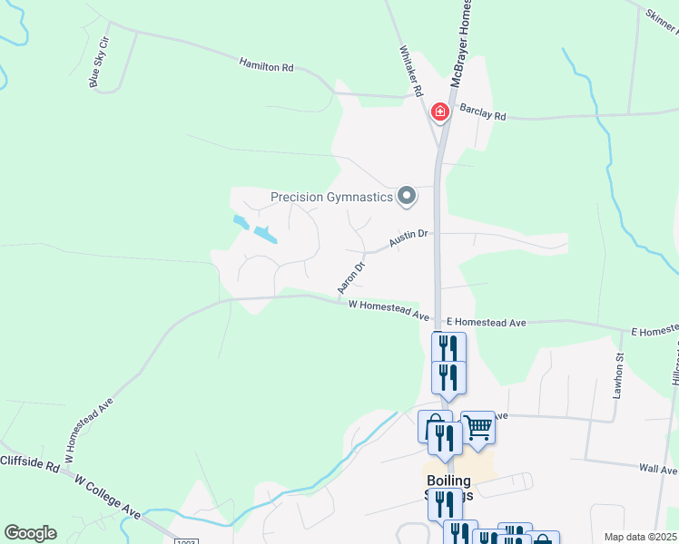 map of restaurants, bars, coffee shops, grocery stores, and more near 107 Aaron Drive in Shelby