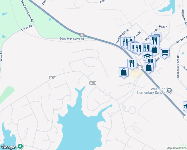 map of restaurants, bars, coffee shops, grocery stores, and more near 130 Heron Drive in Seven Lakes