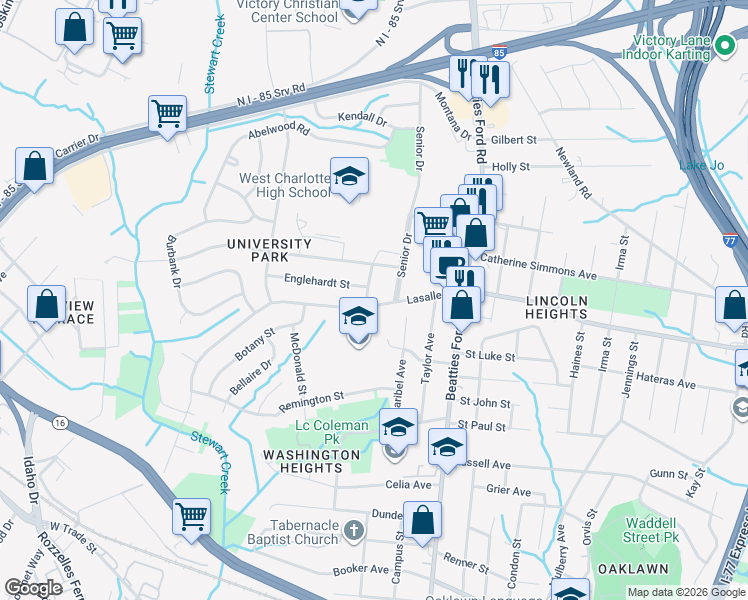 map of restaurants, bars, coffee shops, grocery stores, and more near 2601 Lasalle Street in Charlotte