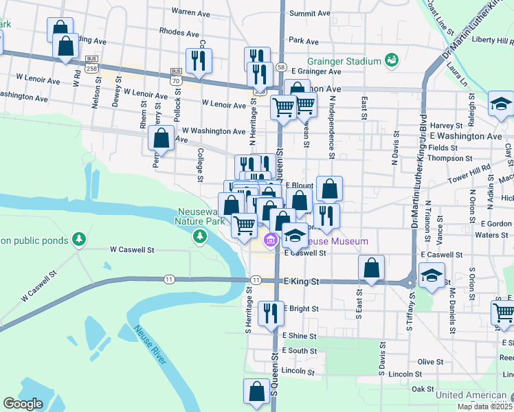 map of restaurants, bars, coffee shops, grocery stores, and more near North Heritage Street in Kinston