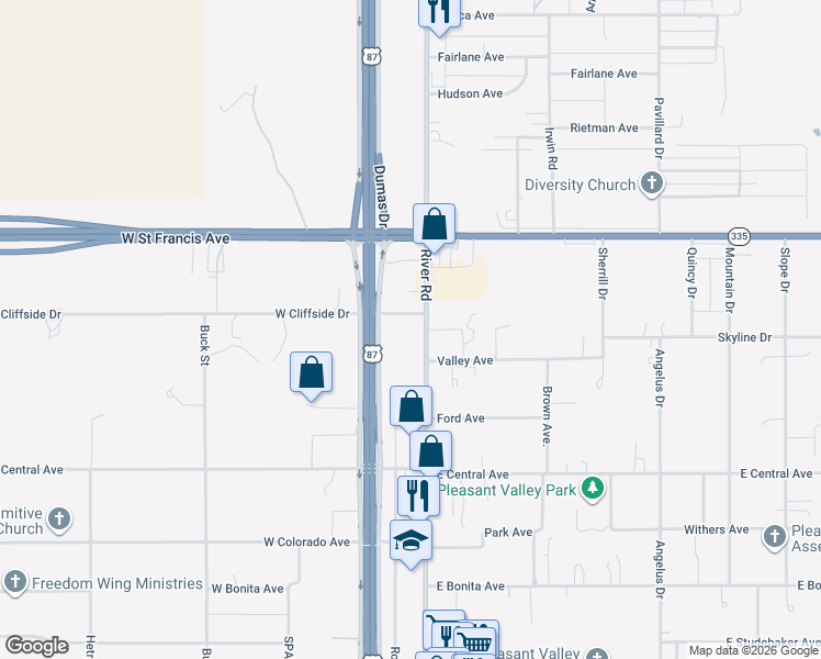 map of restaurants, bars, coffee shops, grocery stores, and more near 5203 River Road in Amarillo