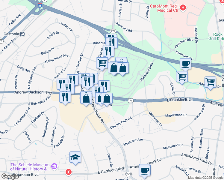 map of restaurants, bars, coffee shops, grocery stores, and more near 1654 East Franklin Boulevard in Gastonia
