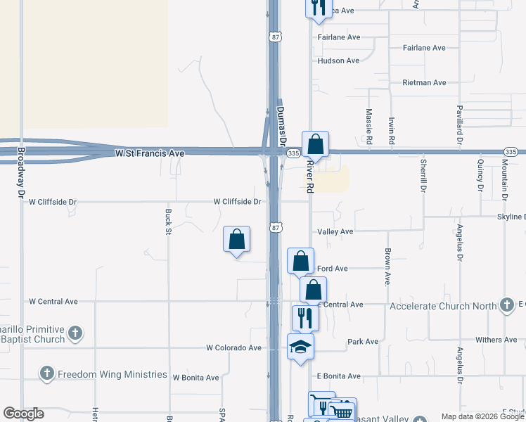 map of restaurants, bars, coffee shops, grocery stores, and more near U.S. 87 in Amarillo