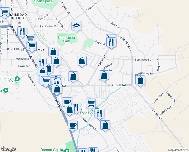 map of restaurants, bars, coffee shops, grocery stores, and more near 1130 Woodside Drive in San Luis Obispo