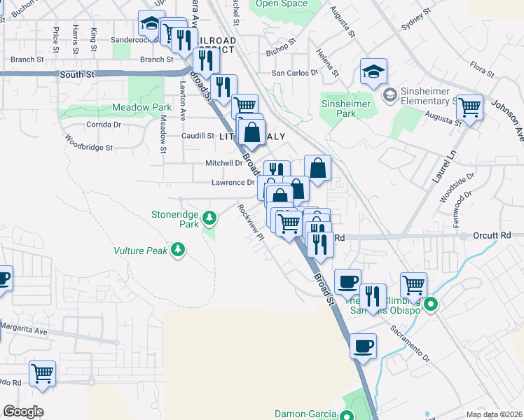 map of restaurants, bars, coffee shops, grocery stores, and more near 2968 Rockview Place in San Luis Obispo