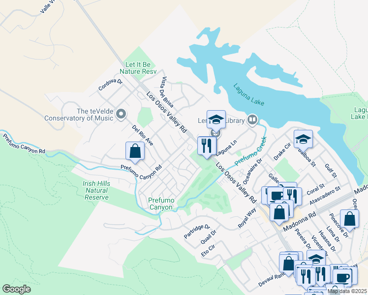 map of restaurants, bars, coffee shops, grocery stores, and more near 1600 Karen Drive in San Luis Obispo