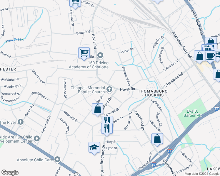 map of restaurants, bars, coffee shops, grocery stores, and more near 110 Bradford Drive in Charlotte