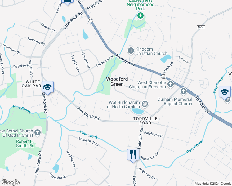 map of restaurants, bars, coffee shops, grocery stores, and more near 2005 Teddington Drive in Charlotte