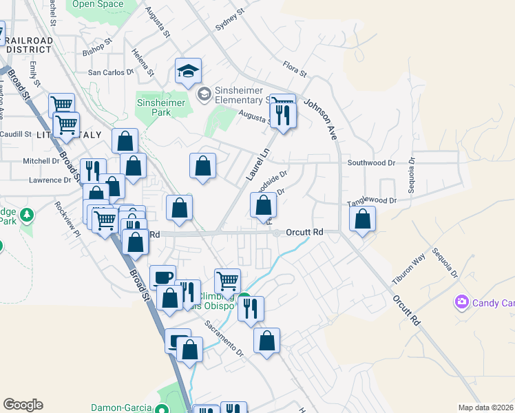 map of restaurants, bars, coffee shops, grocery stores, and more near 1226 Briarwood Drive in San Luis Obispo