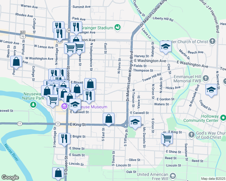 map of restaurants, bars, coffee shops, grocery stores, and more near in Kinston