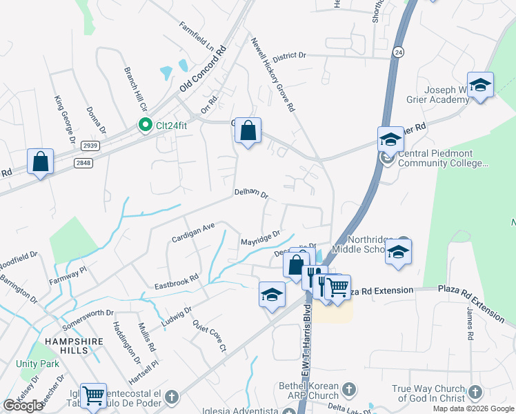 map of restaurants, bars, coffee shops, grocery stores, and more near 7137 April Ridge Lane in Charlotte