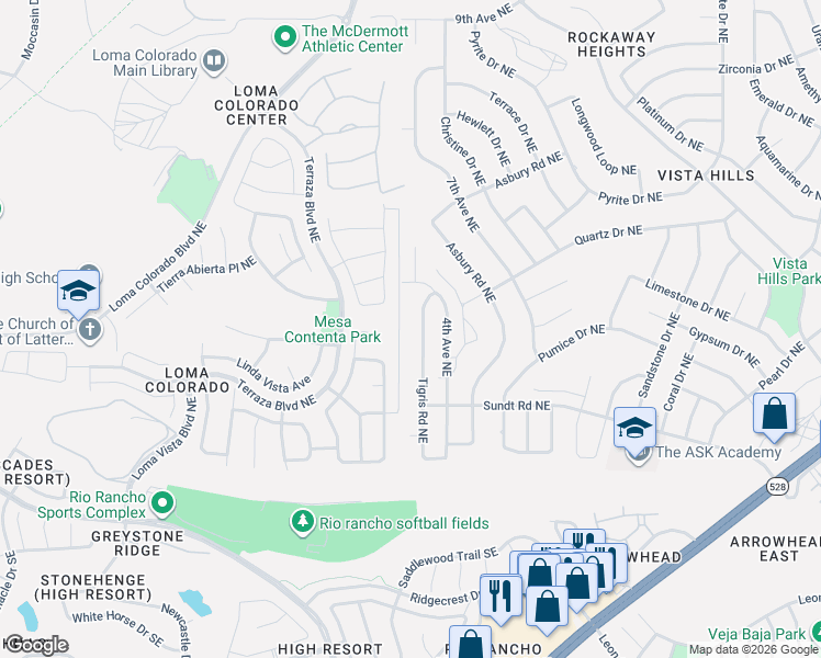 map of restaurants, bars, coffee shops, grocery stores, and more near 349 Tigris Road Northeast in Rio Rancho