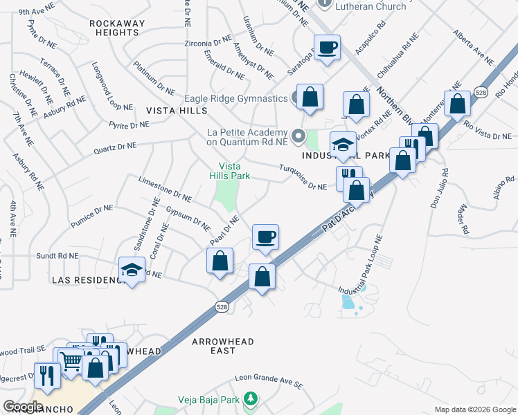 map of restaurants, bars, coffee shops, grocery stores, and more near 357 Pearl Drive Northeast in Rio Rancho