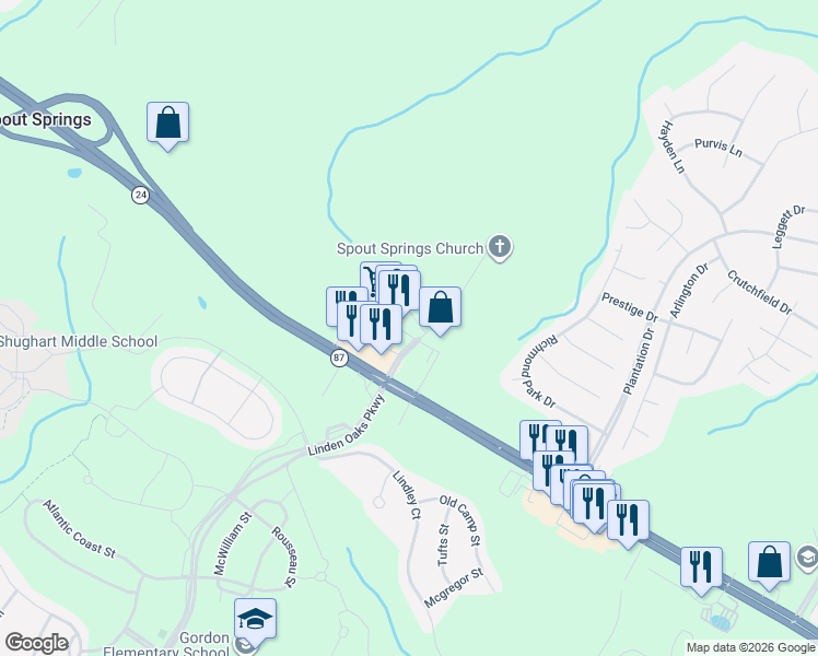 map of restaurants, bars, coffee shops, grocery stores, and more near 173 Mittie Haddock Drive in Cameron