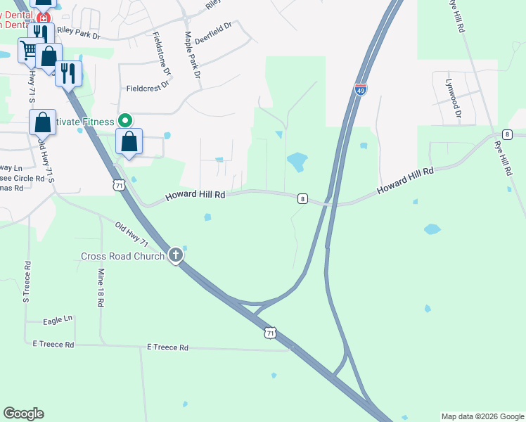 map of restaurants, bars, coffee shops, grocery stores, and more near 7118 Howard Hill Road in Fort Smith