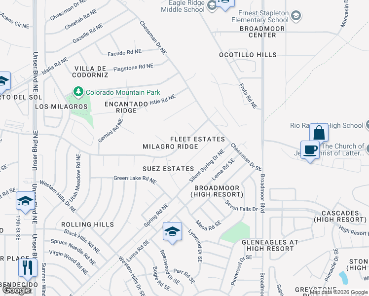 map of restaurants, bars, coffee shops, grocery stores, and more near 2615 Jade Court Northeast in Rio Rancho