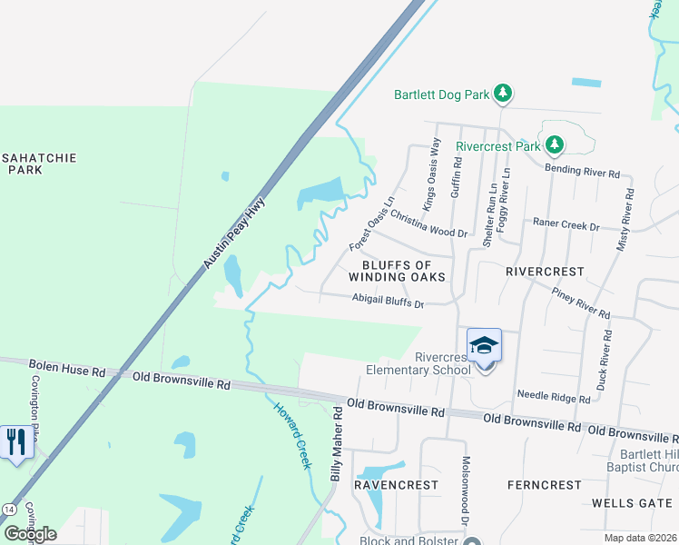 map of restaurants, bars, coffee shops, grocery stores, and more near 5027 Forest Oasis Lane in Memphis