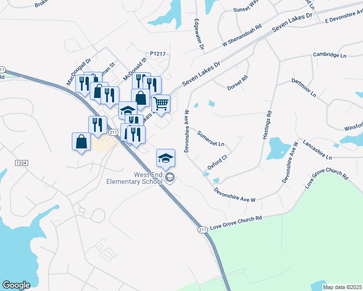 map of restaurants, bars, coffee shops, grocery stores, and more near 190 Devonshire Avenue West in Seven Lakes