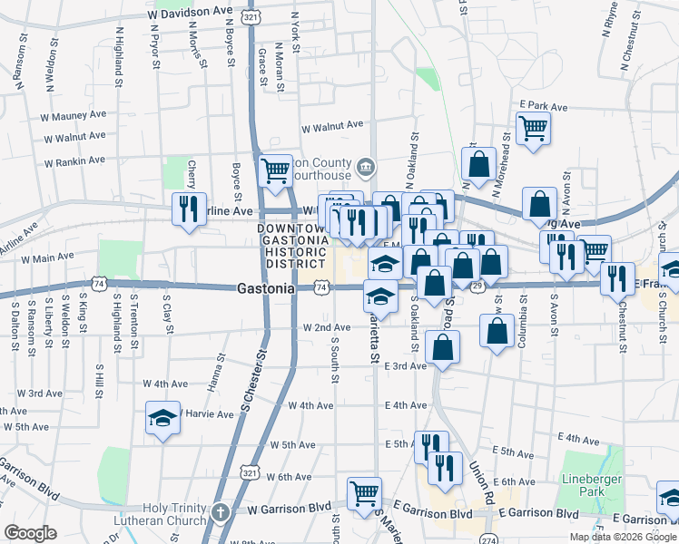 map of restaurants, bars, coffee shops, grocery stores, and more near 161 West Main Avenue in Gastonia