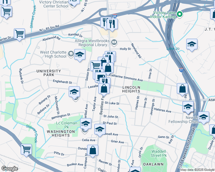 map of restaurants, bars, coffee shops, grocery stores, and more near 2020 Beatties Ford Road in Charlotte