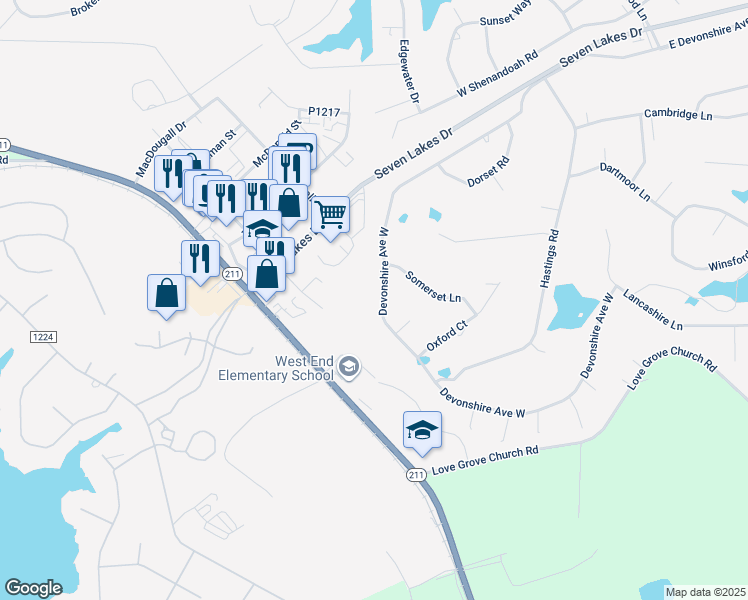 map of restaurants, bars, coffee shops, grocery stores, and more near 190 Devonshire Avenue West in Seven Lakes