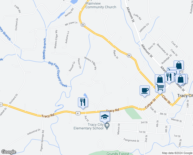 map of restaurants, bars, coffee shops, grocery stores, and more near 280 Waters Edge Way in Tracy City